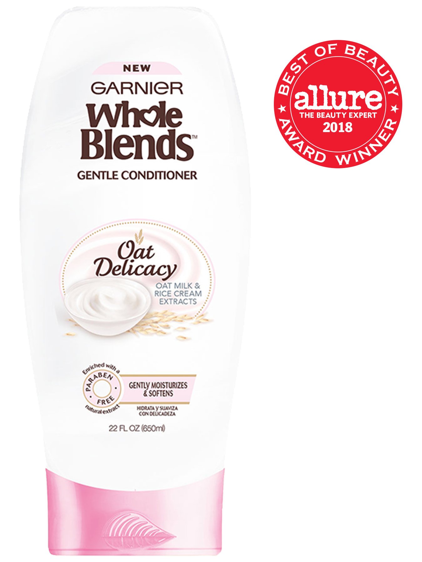 Front view of Garnier Whole Blends Oat Delicacy Conditioner with the Allure Best of Beauty Award badge.